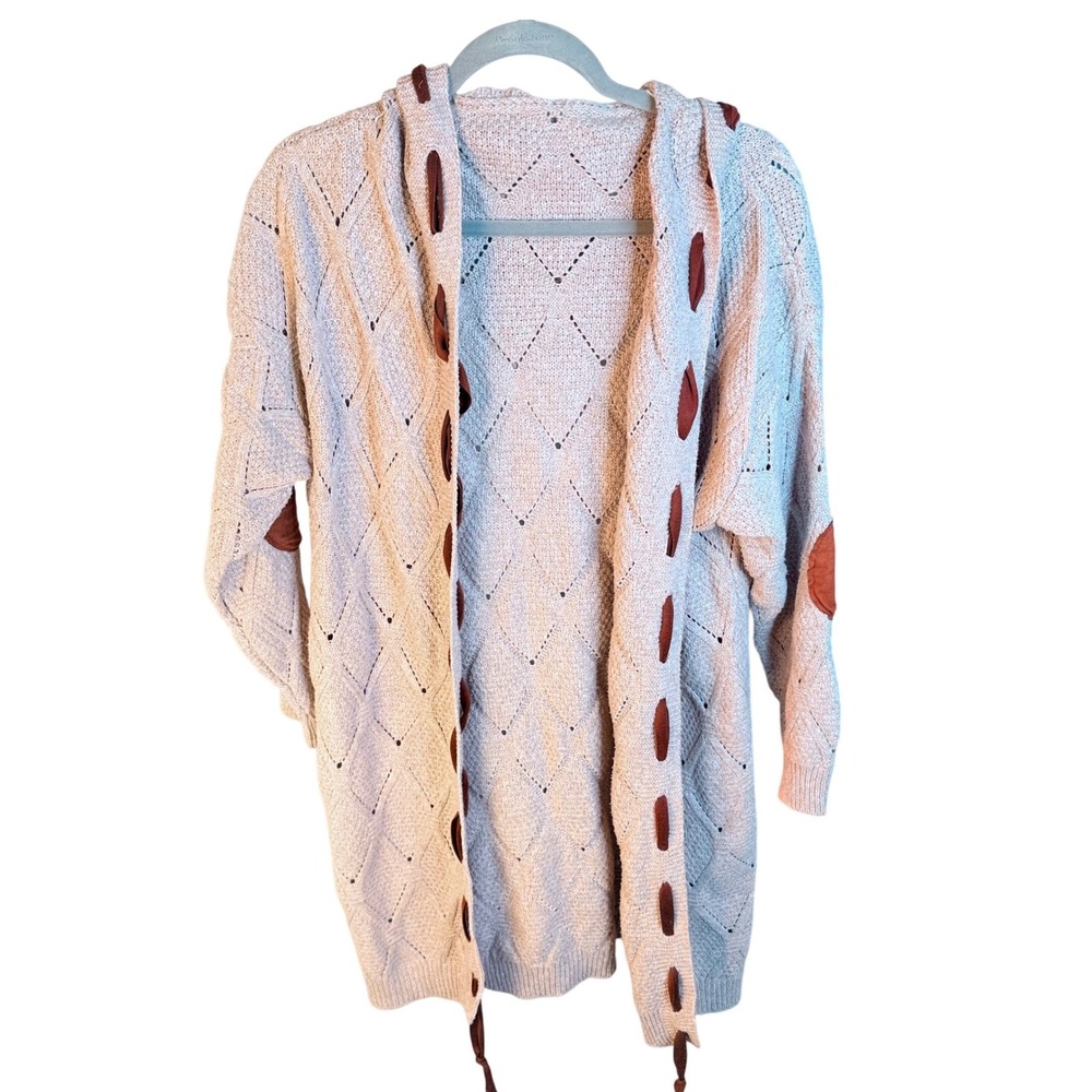 Boho Diamond Pointelle Knit Hooded Cardigan Suede Elbow Patches Cream Tan XL